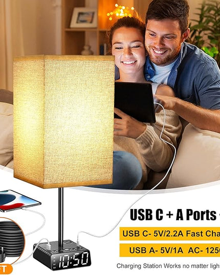 Table Lamp with Alarm Clock Base,Yostyle Bedside Lamp,2 USB & 1 AC Power Outlets, FM Radio & Speaker 6Ft Extension Cord - Square Oatmeal Fabric Lampshade,Touch Control Ideal for Bedrooms Living Rooms - LeafyLoom