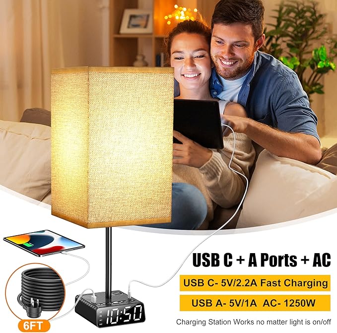Table Lamp with Alarm Clock Base,Yostyle Bedside Lamp,2 USB & 1 AC Power Outlets, FM Radio & Speaker 6Ft Extension Cord - Square Oatmeal Fabric Lampshade,Touch Control Ideal for Bedrooms Living Rooms - LeafyLoom