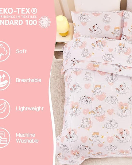 Cat Kids Comforter Set for Girls Twin, Cute Quilted Pink Heart Printed Bedding Set with Pillow Sham, Lightweight Soft Breathable Machine Washable Bed Set 2 Piece - LeafyLoom