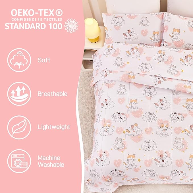 Cat Kids Comforter Set for Girls Full Size, Cute Quilted Pink Heart Printed Bedding Set with Pillow Sham, Lightweight Soft Breathable Machine Washable Bed Set 3 Piece - LeafyLoom