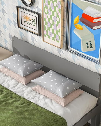 Full Bed with Footboard Bench, Full Kid Bed with Headboard, Wood Slat Support, Cute Kid Bed Frame with Book Storage Space, Full Car Bed for Boys Girls Bedroom, No Box Spring Needed, Grey - LeafyLoom