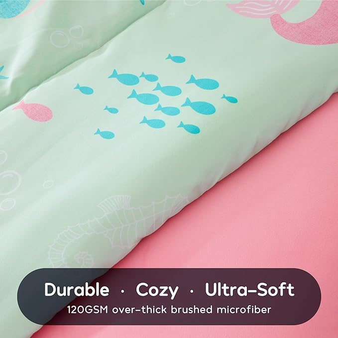 SLEEP ZONE 3 Pieces Comforter Set, Breathable & Super Soft All Season Kids Comforter Set, Cartoon Design for Children, Girls, Easy Care, Washable (Mermaid Princess, Full/Queen) - LeafyLoom