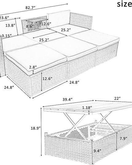 5-Piece Patio Furniture Sets Wicker Outdoor Sofa Couch with Adustable Backrest, Ottomans and Lift Top Coffee Table, Onesize, Gray - LeafyLoom