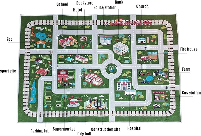Kids Rug,Playroom Car Rug Play Mat,City Life Road Rug for Cars,Fun City Map for Track Toys,Carpet for Bedroom Boys (4'x2'7") - LeafyLoom
