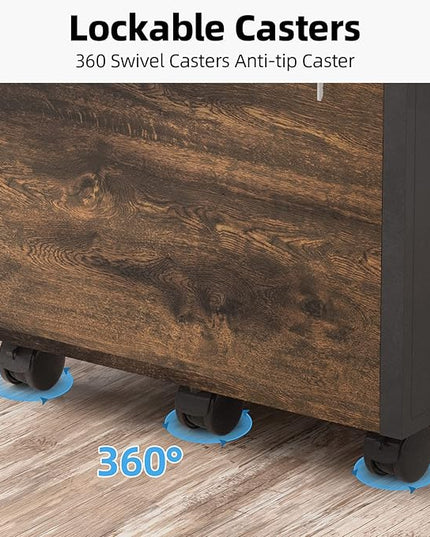2 drawer file cabinet with lock, Wood Filing Cabinet for Home Office with Wheels and Open Shelf, Small Rolling Printer Stand and Under Desk File Cabinets for A4/Letter-Size Files-Brown - LeafyLoom