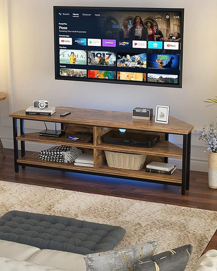Unikito 55'' Corner TV Stand with Power Outlet, Corner Entertainment Center TV Console Table with 4 Open Storage Shelves, Metal Frame for Living Room, Bedroom, Industrial 60'' Corner TV Stand, Rustic - LeafyLoom