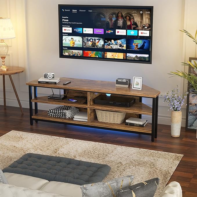Unikito 55'' Corner TV Stand with Power Outlet, Corner Entertainment Center TV Console Table with 4 Open Storage Shelves, Metal Frame for Living Room, Bedroom, Industrial 60'' Corner TV Stand, Rustic - LeafyLoom