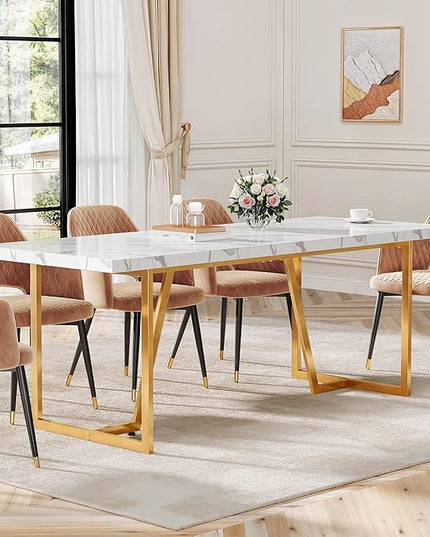 DWVO 82.6'' Large Modern Dining Table for 8-10 People, Rectangular White Kitchen Dining Room Table with Faux Marble Tabletop and Geometric Gold Metal Legs, Wood Dinner Tables for Family Gathering - LeafyLoom