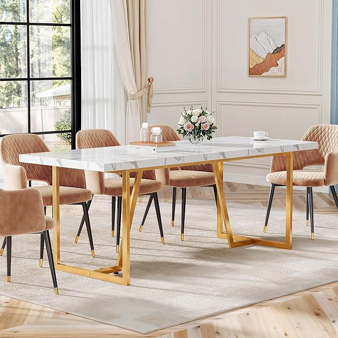 DWVO 82.6'' Large Modern Dining Table for 8-10 People, Rectangular White Kitchen Dining Room Table with Faux Marble Tabletop and Geometric Gold Metal Legs, Wood Dinner Tables for Family Gathering - LeafyLoom