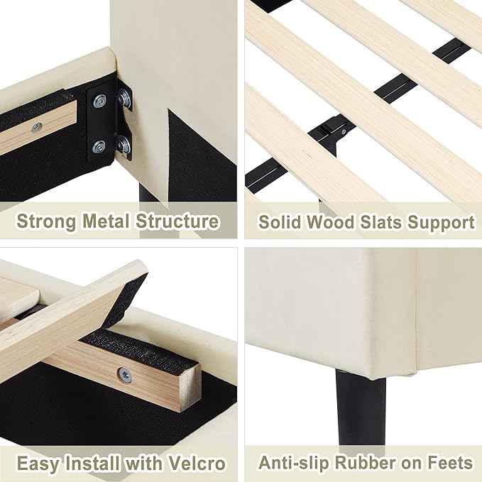 VECELO Kids Twin Size Platform bed Frame with Upholstered Headboard, Princess Beds for Girls, 12 Wooden Slats Support, No Boxing Spring Needed,Beige - LeafyLoom