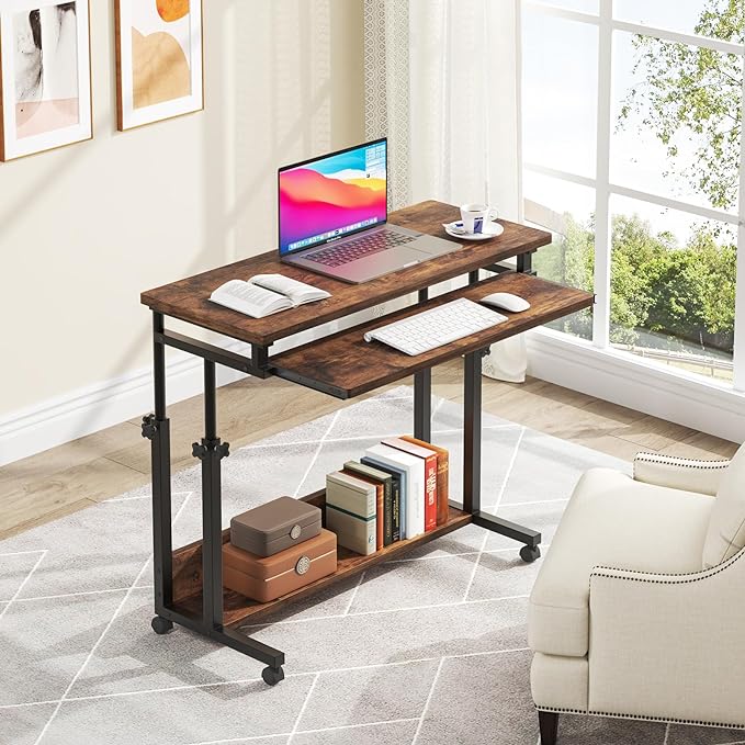 Tribesigns Portable Desk for Sofa and Bed, Height Adjustable Laptop Table Small Standing Desk Rolling Computer Cart with Keyboard Tray on Wheels for Home Office - LeafyLoom