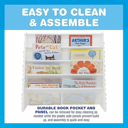UNiPLAY Kids 4-Tier Book Storage Organizer with Sling Book Pockets, Plastic Sling Rack Bookshelf for Playroom, Fits Blocks, White - LeafyLoom