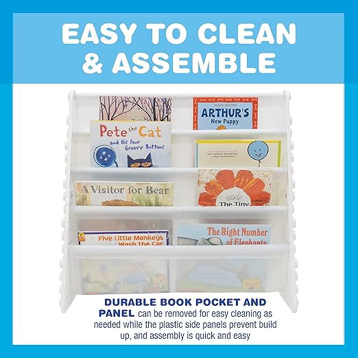 UNiPLAY Kids 4-Tier Book Storage Organizer with Sling Book Pockets, Plastic Sling Rack Bookshelf for Playroom, Fits Blocks, White - LeafyLoom