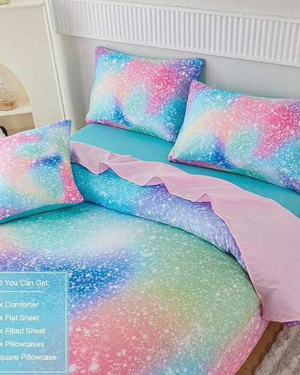 PERFEMET Rainbow Queen Girls Bedding Set, 6 Pieces Glitter Pink Green Comforter for Queen Size Bed, Colorful Tie Dye Ombre Teen Girls Bed in A Bag Comforter Set with Sheets - LeafyLoom