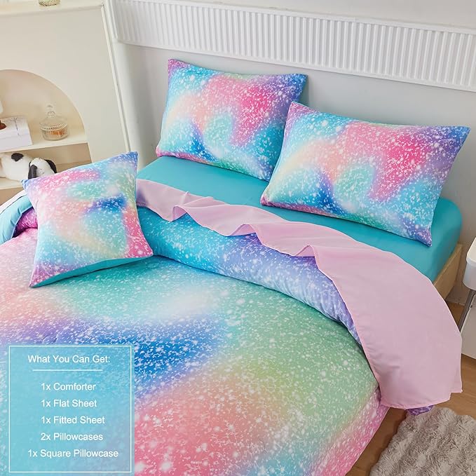 PERFEMET Full Size Comforter Sets for Kids Girls 6 Pieces Pink Green Ombre Rainbow Bedding Set Colorful Tie Dye Glitter Teen Girls Bed in A Bag - LeafyLoom