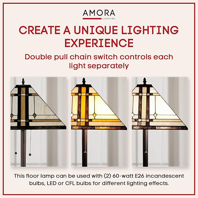 Amora Tiffany Floor Lamp Torchiere - Vintage Standing Light Floor Lamp - 61” Tall Floor Stained Glass Lamp - Tiffany Floor Lamps for Living Room - LeafyLoom