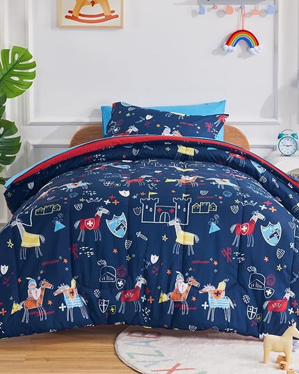 SLEEP ZONE 7 Pieces Kids Comforter Bed in A Bag, Soft Lightweight, Fluffy & Durable Children Bed Set with Comforter, Sheet, Pillowcase & Sham (Knight‘s Tale, Full/Queen) - LeafyLoom