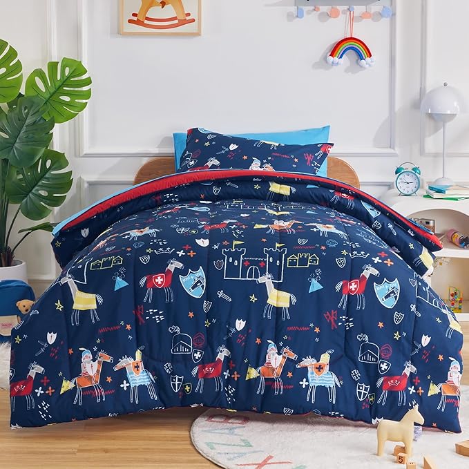 SLEEP ZONE Kids Twin Size Bedding Comforter Set 5 Pieces Breathable All Season Use for Boys (Knight‘s Tale, Twin) - LeafyLoom