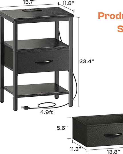 SUPERJARE Nightstand Set of 2, Bed Side Tables with Charging Station, Adjustable Fabric Drawer, Night Stand for Bedroom, 3-Tier Storage End Tables, Black - LeafyLoom