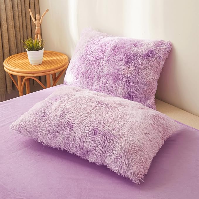 Tie dye Lavender Plush Fluffy Comforter Cover Set Queen - Ultra Soft Faux Fur tie dye Bedding Sets 3 Pieces (1 Shaggy Duvet Cover + 2 Pillow case) Fluffy Bed Set (Tie Dye Lavender, Queen) - LeafyLoom