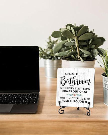 Life is Like The Bathroom Wooden Sign, Inspirational Home Office Desk Decor Wood Plaque with Stand, Bathroom Desk Decor for Farmhouse Wash Laundry - C41 - LeafyLoom