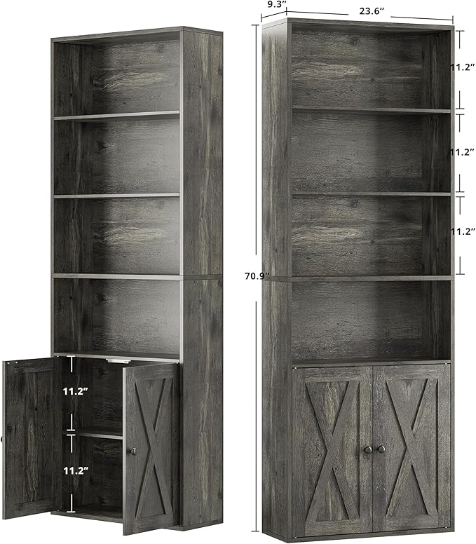 IRONCK Industrial Bookshelves and Bookcases with Doors Set of 2 Floor Standing 6 Shelf Display Storage Shelves 70 in Tall Bookcase for Home Office, Living Room - LeafyLoom