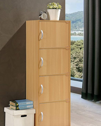 HODEDAH IMPORT 4-Shelf Bookcase Cabinet, Beech - LeafyLoom