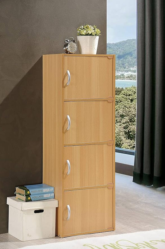 HODEDAH IMPORT 4-Shelf Bookcase Cabinet, Beech - LeafyLoom