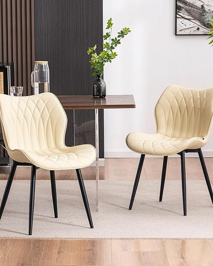 YOUNIKE Dining Chairs Set of 2, Upholstered Faux Leather Kitchen Chairs Dining Room Chairs, Modern Living Room Bedroom Side Chairs with Wide Curved Back and Adjustable Metal Legs, Beige - LeafyLoom