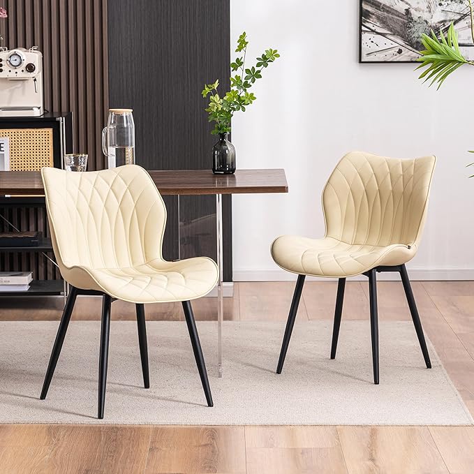YOUNIKE Dining Chairs Set of 2, Upholstered Faux Leather Kitchen Chairs Dining Room Chairs, Modern Living Room Bedroom Side Chairs with Wide Curved Back and Adjustable Metal Legs, Beige - LeafyLoom