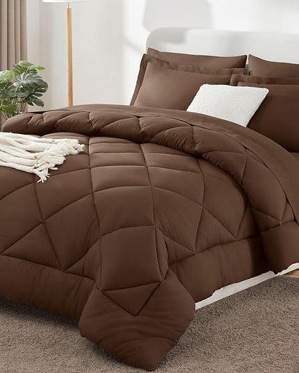 CozyLux Queen Comforter Set with Sheets 7 Pieces Bed in a Bag Brown All Season Bedding Sets with Comforter, Pillow Shams, Flat Sheet, Fitted Sheet and Pillowcases - LeafyLoom