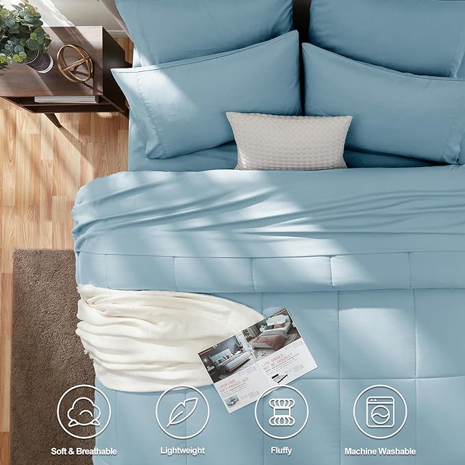 CozyLux Full Size Comforter Sets - 7 Pieces Bed in a Bag Set Light Blue, Bedding Sets Full with All Season Quilted Comforter, Flat Sheet, Fitted Sheet, Pillowcases, Light Blue, Full - LeafyLoom