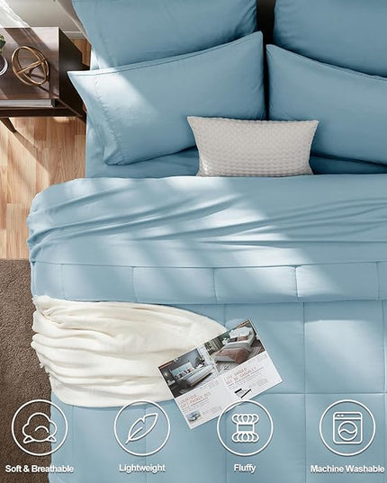 CozyLux Queen Size Comforter Sets - 7 Pieces Bed in a Bag Set Light Blue, Bedding Sets Queen with All Season Quilted Comforter, Flat Sheet, Fitted Sheet, Pillowcases, Light Blue, Queen - LeafyLoom