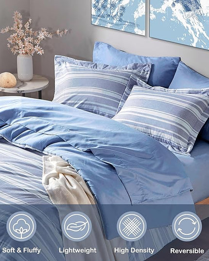 Full Size Comforter Set with Sheets, Modern Blue and White Striped Bed in a Bag, 7-Piece Complete Bedding Set Including Reversible Comforter, 2 Sheets, Pillowcases & Shams - LeafyLoom