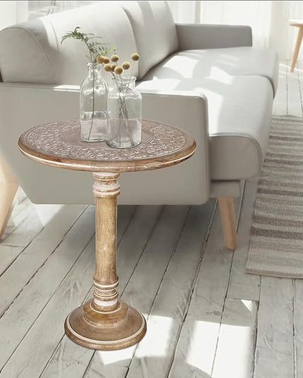 Round End Table,Small Table,Side Table, Side Tables Living Room,End Table,Round Side Table,Altar Table, Carved Side Table,Wood Accent Table,Carved Wood Table Single Pillar 18x22 inch White Wash - LeafyLoom