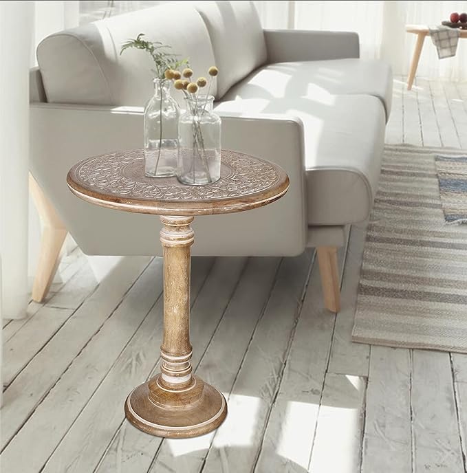 Round End Table,Small Table,Side Table, Side Tables Living Room,End Table,Round Side Table,Altar Table, Carved Side Table,Wood Accent Table,Carved Wood Table Single Pillar 18x22 inch White Wash - LeafyLoom