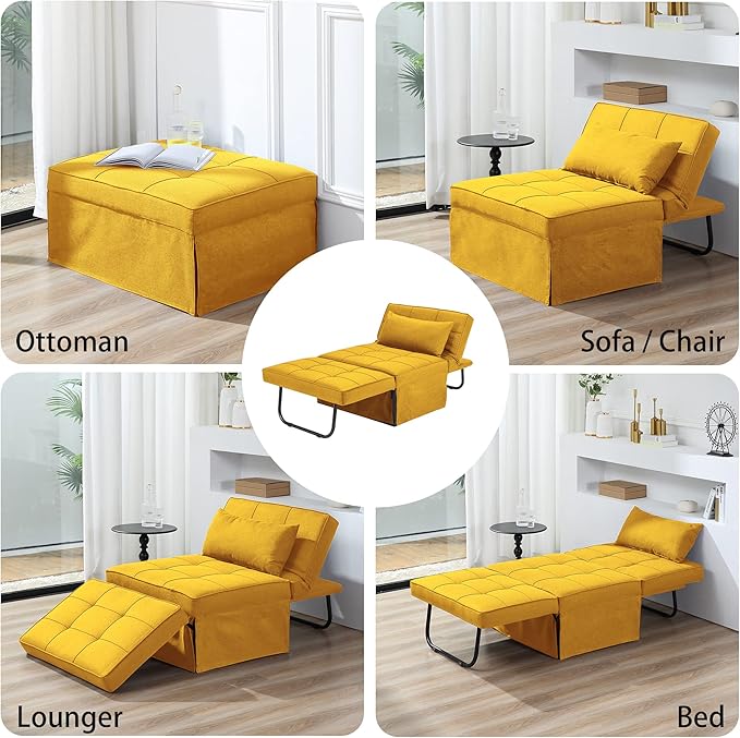 Sofa Bed, 4 in 1 Multi-Function Folding Ottoman Breathable Linen Couch Bed with Adjustable Backrest Modern Convertible Chair for Living Room Apartment Office, Yellow - LeafyLoom