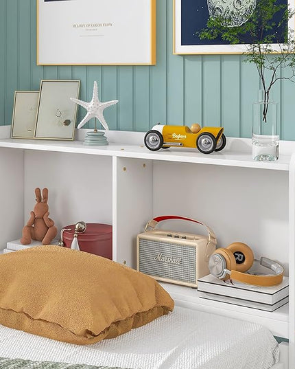 Platform Bed Twin Size with Bookcase Headboard, Trundle and 3 Drawers, Wooden Storage Bedframe for Kids Teens Adults Bedroom - LeafyLoom