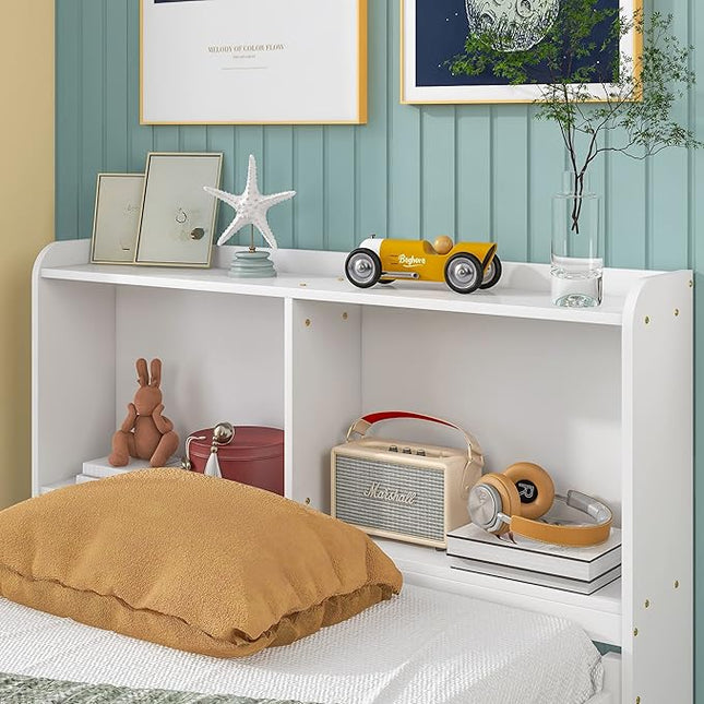 Platform Bed Twin Size with Bookcase Headboard, Trundle and 3 Drawers, Wooden Storage Bedframe for Kids Teens Adults Bedroom - LeafyLoom