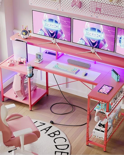 Bestier 71.5 inch Gaming Desk with Power Outlet, Large LED Computer Desk with Monitor Stand, L Shaped Desk with Storage Shelf, Cup Holder & Headset Hooks, Corner Gamer Desk for Bedroom Pink - LeafyLoom