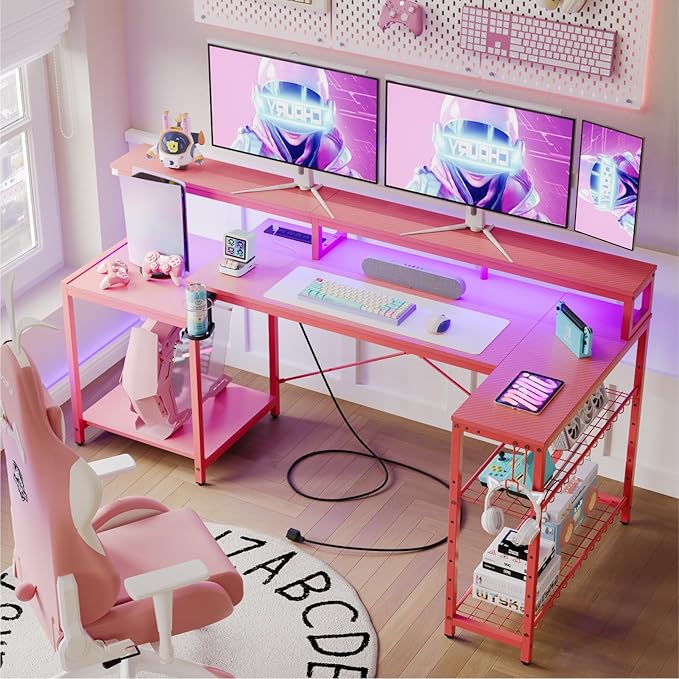 Bestier 71.5 inch Gaming Desk with Power Outlet, Large LED Computer Desk with Monitor Stand, L Shaped Desk with Storage Shelf, Cup Holder & Headset Hooks, Corner Gamer Desk for Bedroom Pink - LeafyLoom
