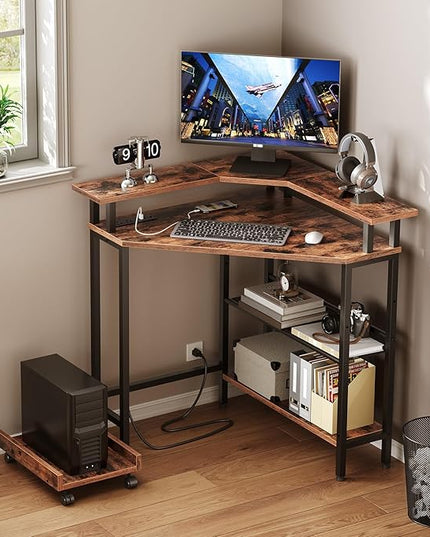 HOOBRO Corner Desk, Gaming Table with Charging Station and LED Strip, 90° Corner Computer Table, Mobile PC Holder, Adjustable Mesh Shelf, for Small Space/Home Office, Rustic Brown and Black BB70UDDN01 - LeafyLoom