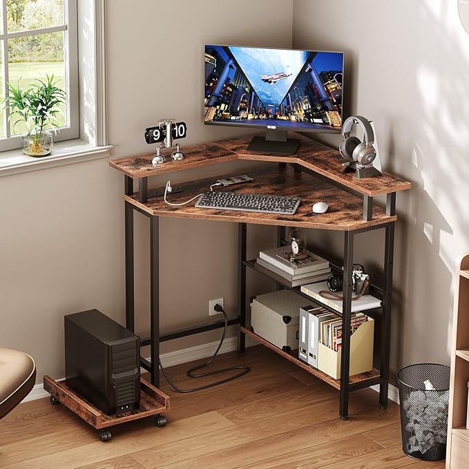 HOOBRO Corner Desk, Gaming Table with Charging Station and LED Strip, 90° Corner Computer Table, Mobile PC Holder, Adjustable Mesh Shelf, for Small Space/Home Office, Rustic Brown and Black BB70UDDN01 - LeafyLoom