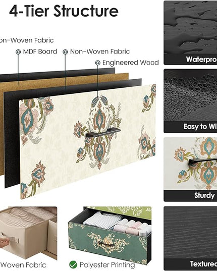 Nightstand, End Table, Bedside Table, Small Tall Boho Dresser for Bedroom with 3 Drawer, Chest of Drawers Fabric Dressers with Wood Top for Closet, Living Room, Retro Flower - LeafyLoom