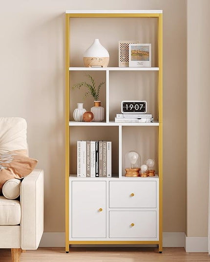 IDEALHOUSE Bookshelf with Drawers Modern Bookcase Storage Rack Shelf Tall Standing Bookshelves Metal Frame Large Gold Display Racks Book Shelf for Bedroom, Living Room, Home Office - LeafyLoom