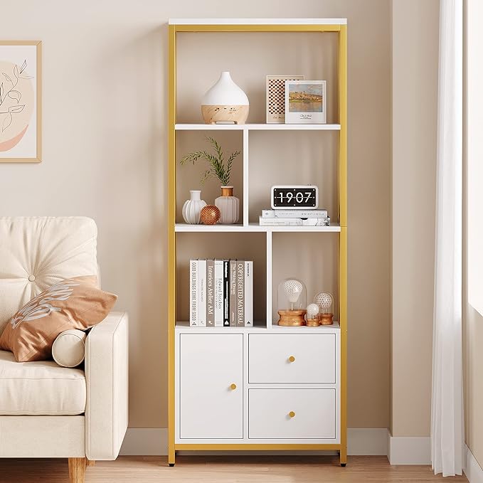 IDEALHOUSE Bookshelf with Drawers Modern Bookcase Storage Rack Shelf Tall Standing Bookshelves Metal Frame Large Gold Display Racks Book Shelf for Bedroom, Living Room, Home Office - LeafyLoom