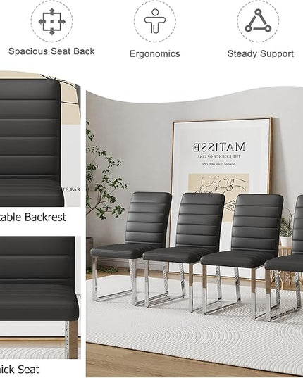 Dining Chairs Set of 4 Modern Faux Leather High Back Dining Room Kitchen Chairs with Silver Metal Legs,Chairs for Dining Room, Kitchen,Living Room, and Restaurants,Black - LeafyLoom