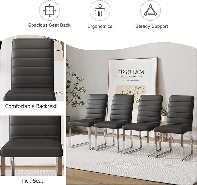 Dining Chairs Set of 4 Modern Faux Leather High Back Dining Room Kitchen Chairs with Silver Metal Legs,Chairs for Dining Room, Kitchen,Living Room, and Restaurants,Black - LeafyLoom