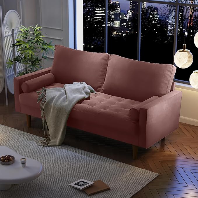 Velvet Furniture for Small Spaces, Mid-Century Modern Loveseats for Living Room, Love Seat Couch Sofas, 70 Inches, Rose - LeafyLoom