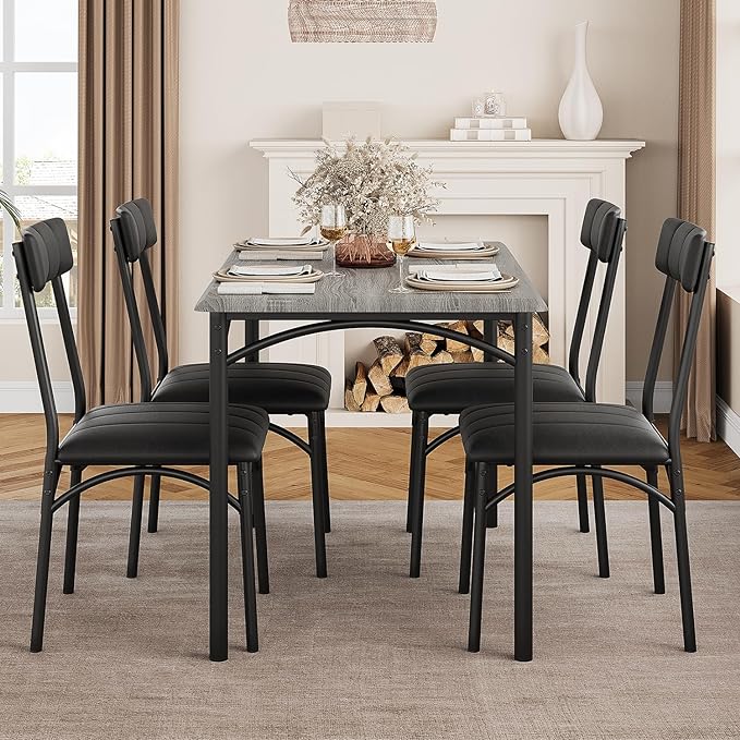 IDEALHOUSE Dining Table Set for 4, Kitchen Table and Chairs for 4, Rectangular Dining Room Table Set with 4 Upholstered Chairs, 5 Piece Kitchen Table Set for Small Space, Apartment, Retro Grey - LeafyLoom
